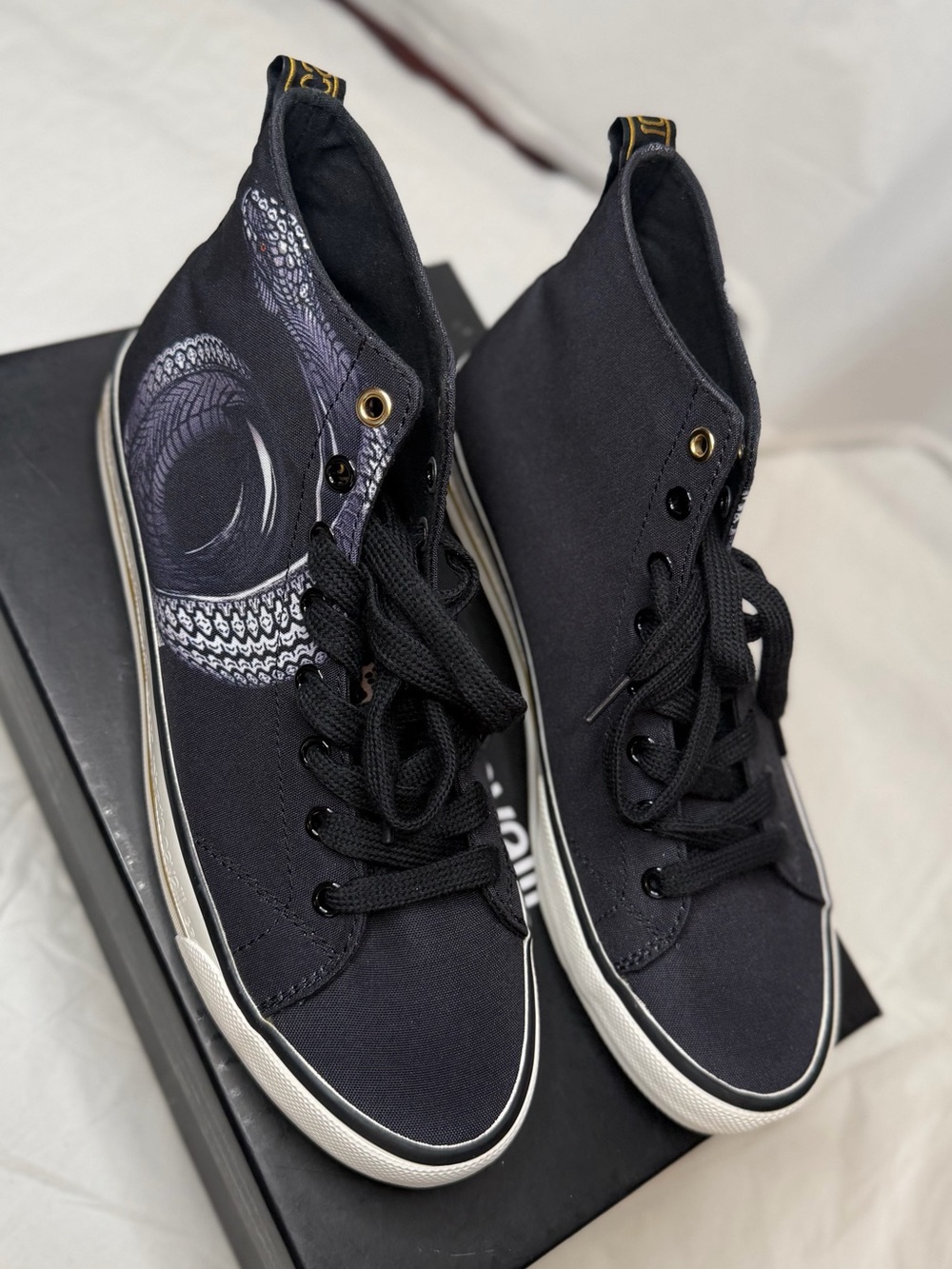 Roberto Cavalli Black High-Top Canvas Sneakers with White Sole